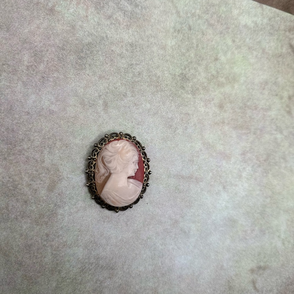 Victorian Style Shell Cameo Brooch Pendant - Pink on Burgundy - Picture 5 of 5